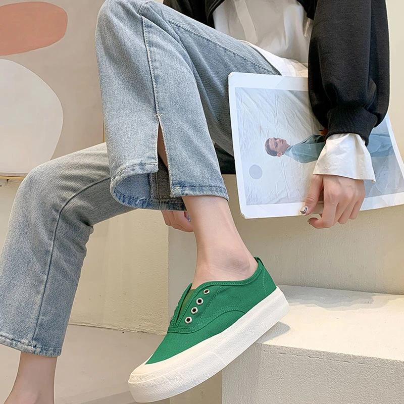 Fashion Round Toe Female Footwear Canvas Women's Shoes Slip on Flat Casual Sneaker Trends 2024 High Quality Cotton Korean Daily Routine