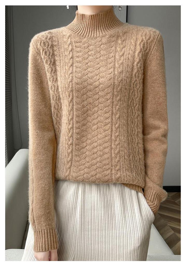 Women's Thick Basketweave Knit Pullover - Autumn/Winter, Half-High Neck, Long Sleeve, Elegant Base Layer.