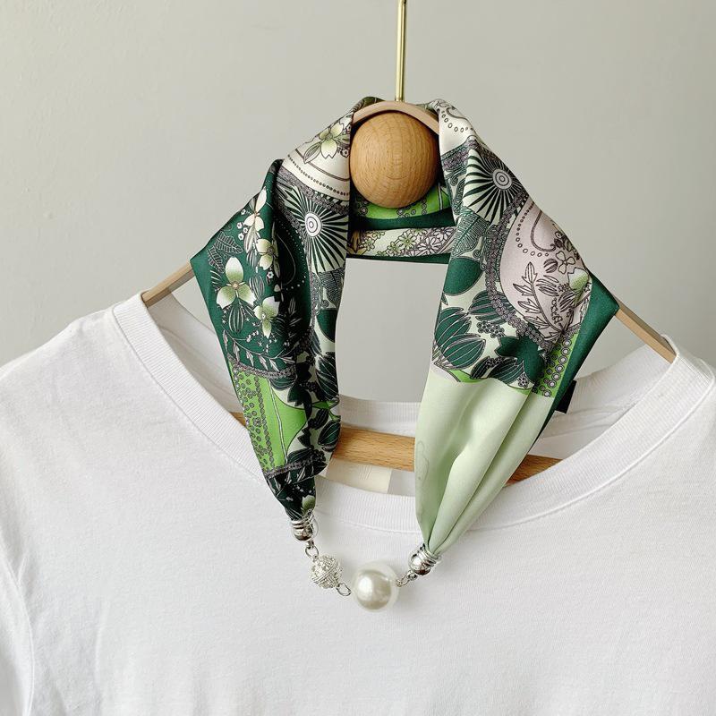 Lazy Magnetic Buckle Summer Scarf with Pearl Necklace Decoration for Women