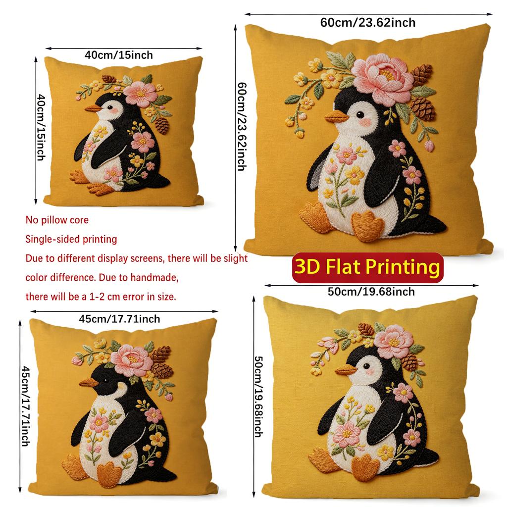 Cute Floral Penguin Embroidery Style Throw Pillow Covers Pattern Cushion Cover Suitable For Sofa Bedroom Car Pillow Cover