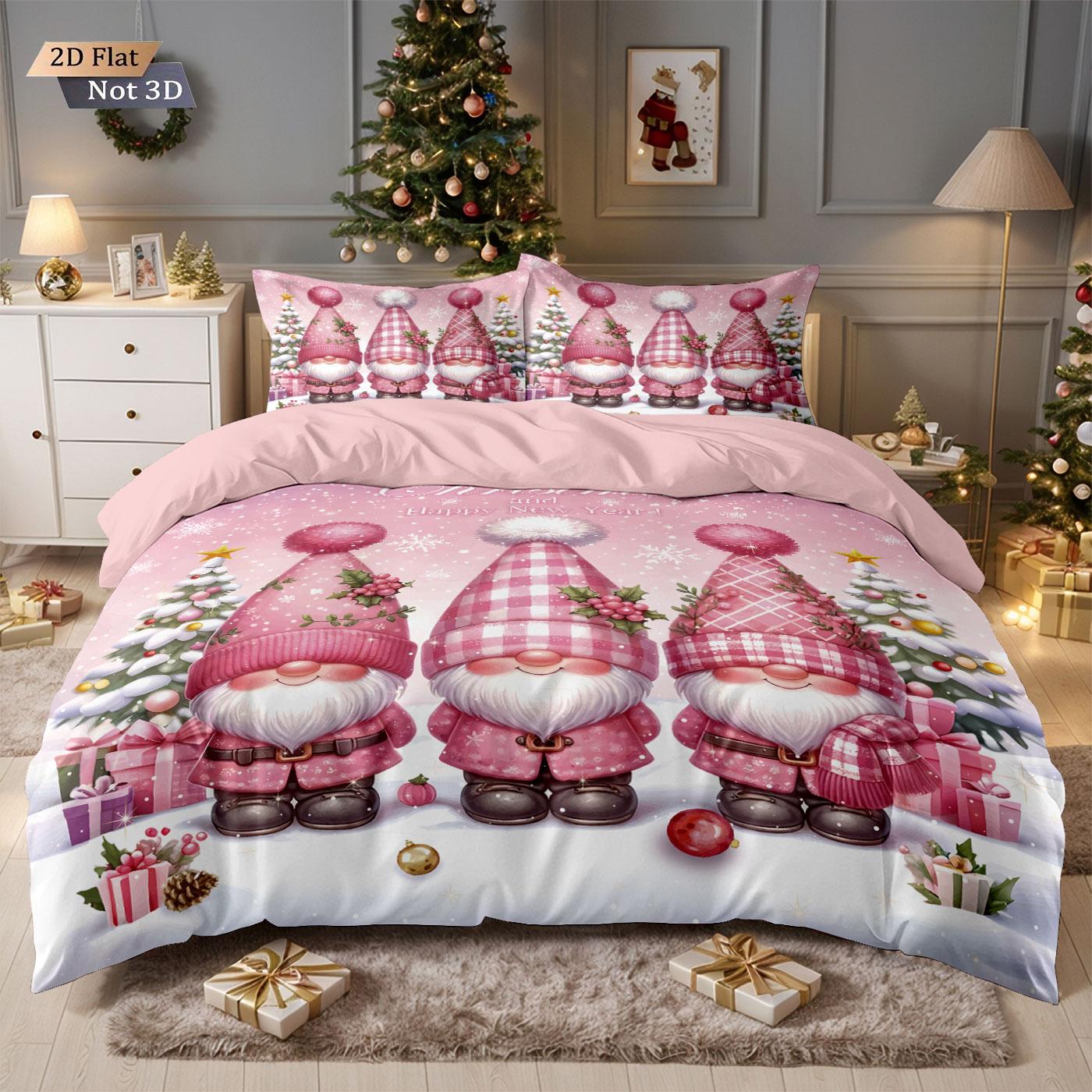 

3pcs Pink Merry Christmas Little Dwarf Printed Chipless Bedding Set Multi Size Bedroom Bedding Decoration Machine Washable 135x200cm-EU-Single&set