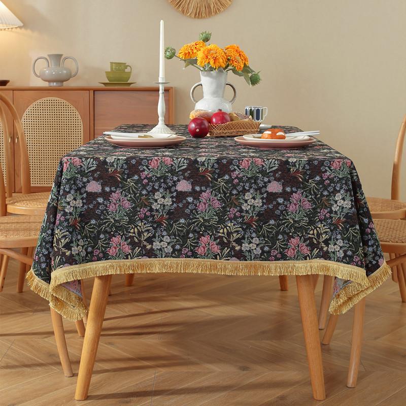 Polyester Cotton Color Woven Jacquard Flower Geometric Gold Fringed Tablecloth Rectangular Coffee Table Tablecloth Dining Table Cloth