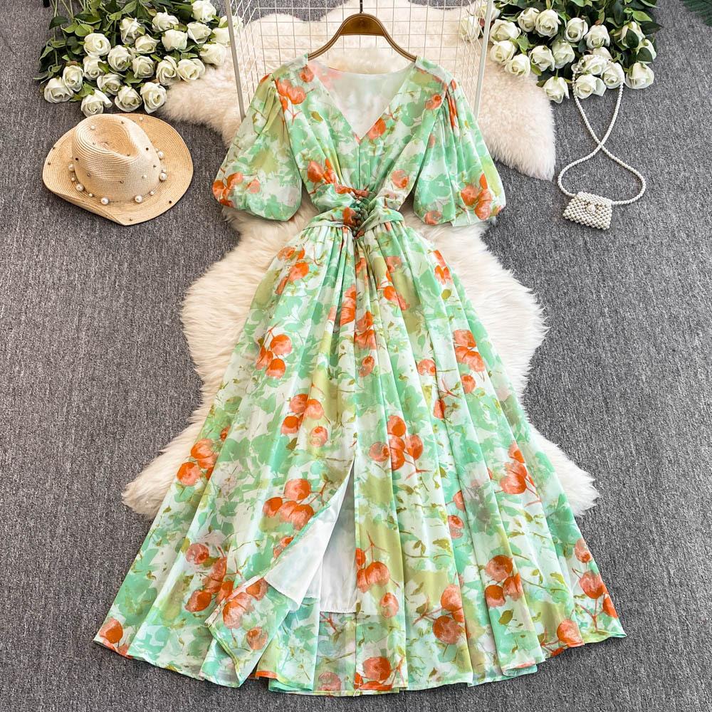 V-neck Puffed Sleeves Cinched Waist Dress Slimming Women's Dress Knee-length Slit Printed Dress