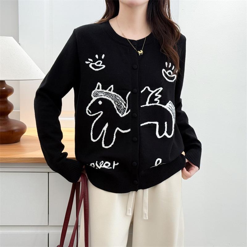 2026 Spring Plus Size Red Jacquard Knit Cardigan for Women - Long Sleeve Sweater, New Year Style for Chubby Girls