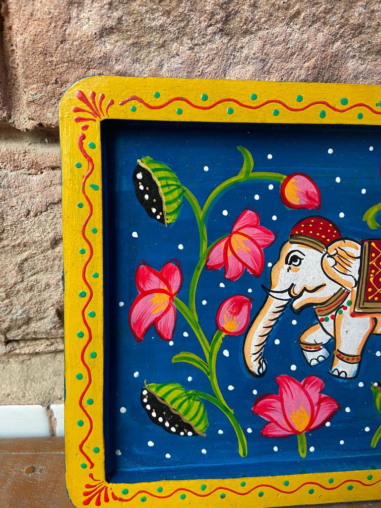 Handmade Wooden Elephant Wall Decor Lotus Floral Indian Folk Art