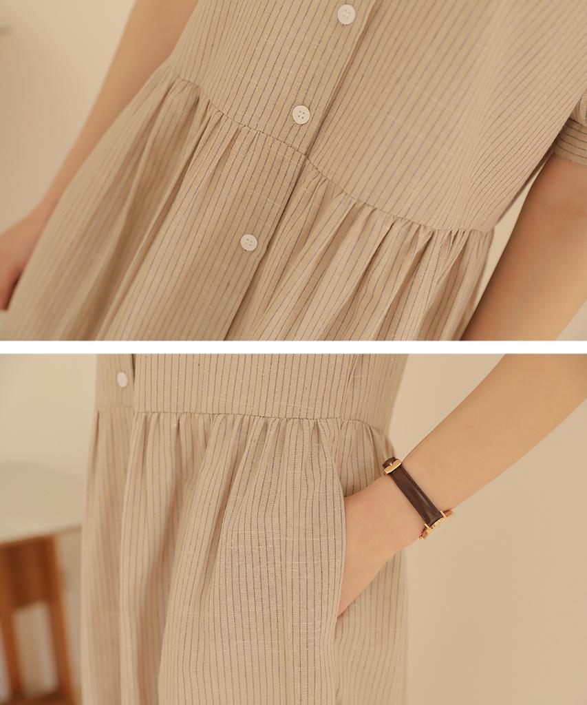 Ppaeppae Striped Collared Linen Long Dress