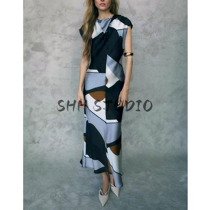 Spring New Women's Clothing Fashion Style round Neck Sleeveless Silk Satin Texture Print Midi Skirt Dress 2479124