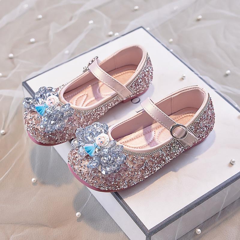 Children's Princess Shoes Crystal Shoes Elsa Dress Shoes Spring and Autumn New Girls' Leather Shoes Soft Sole Baby Single Shoes