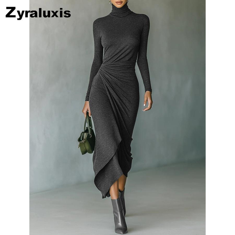 New Style Autumn Winter Elegant High Neck Ruched Bodycon Dress for Women