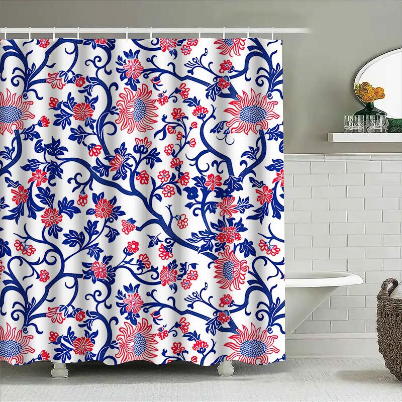 Vintage Blue Red Floral Shower Curtain Fabric For Bathroom Decor Waterproof Bath Mat Set Home Accessories (128 Characters)