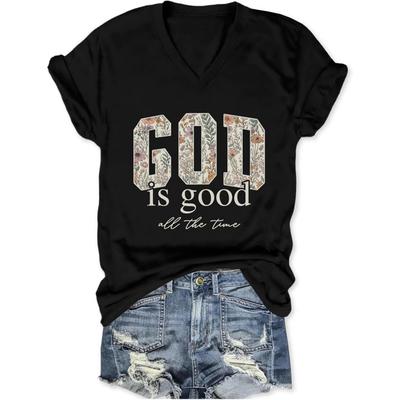YORAURT God Is Good All The Time Shirts for Women V Neck Christian T-Shirt Casual Graphic Tees Short Sleeve Summer Tops