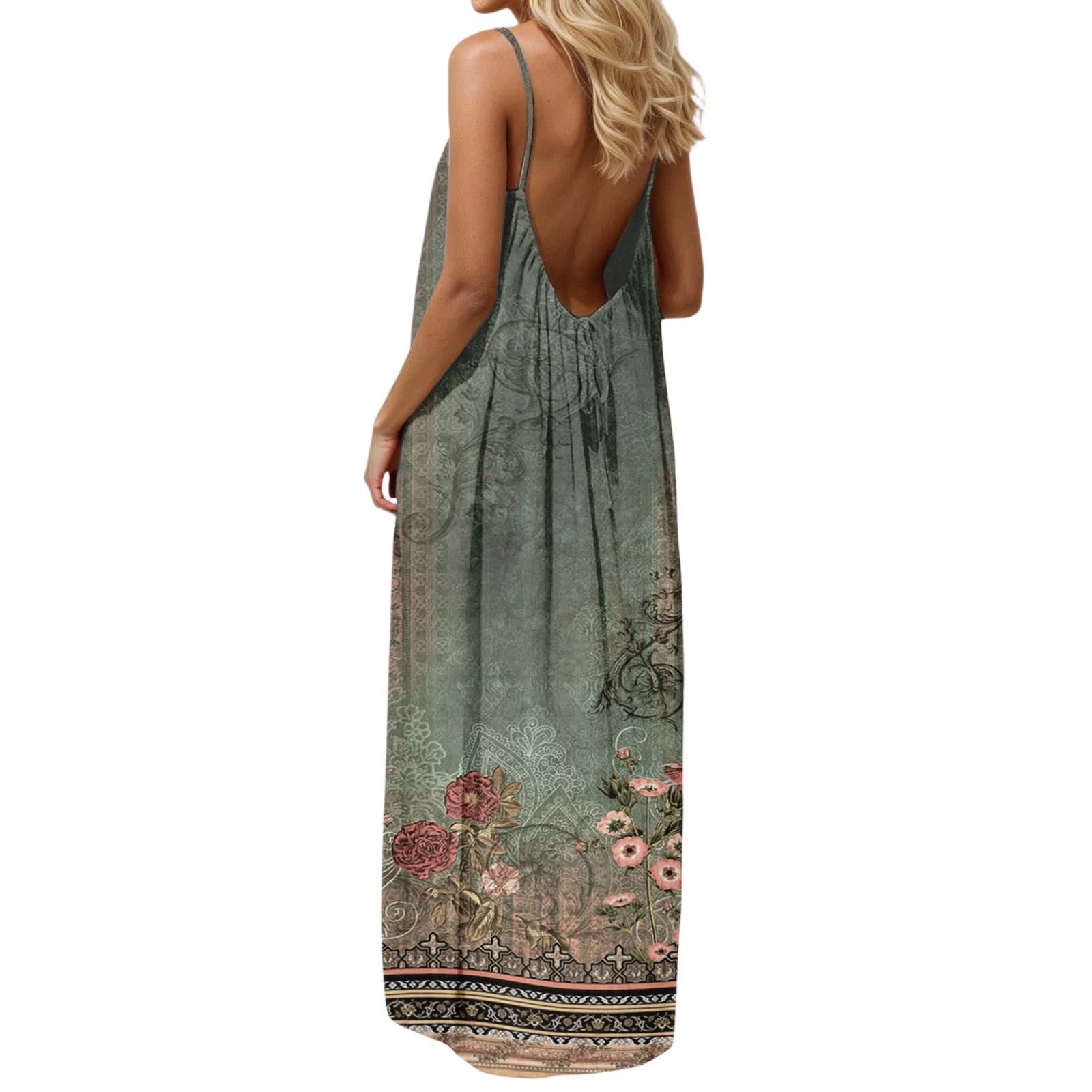 Backless Dress Spaghetti Strap Dress Cami Dress Open Back Dress for Women with Low Back and Printed Design XXL зелёный