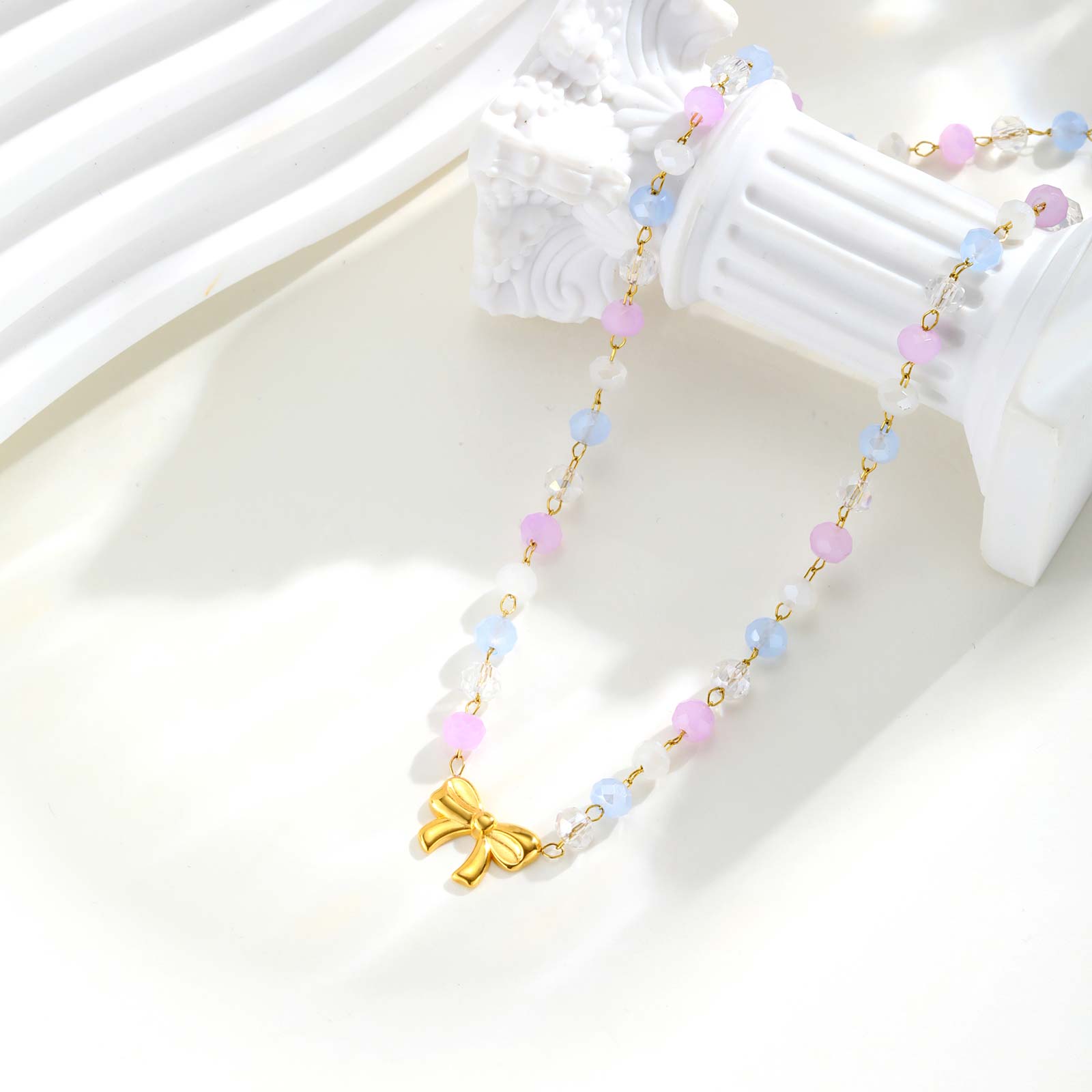 

Bohemian Colorful Round Beads Chain Necklace for Women Stainless Steel Bowknot Pendant Choker Summer Party Jewelry Gift