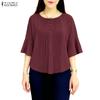 ZANZEA Women Casual Round Neck Solid Color Loose 3/4 Sleeve Blouse