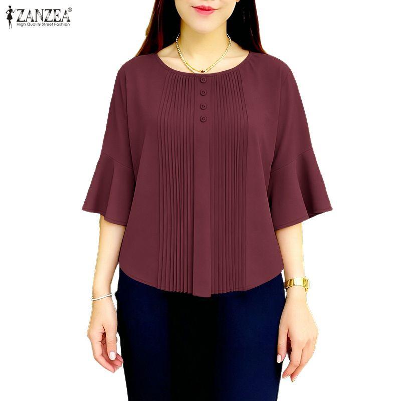 ZANZEA Women Casual Round Neck Solid Color Loose 3/4 Sleeve Blouse