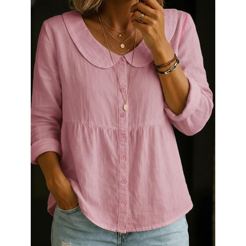 Women's Peter Pan Collar Linen Blend Blouse Button Down Long Sleeve Casual Shirt