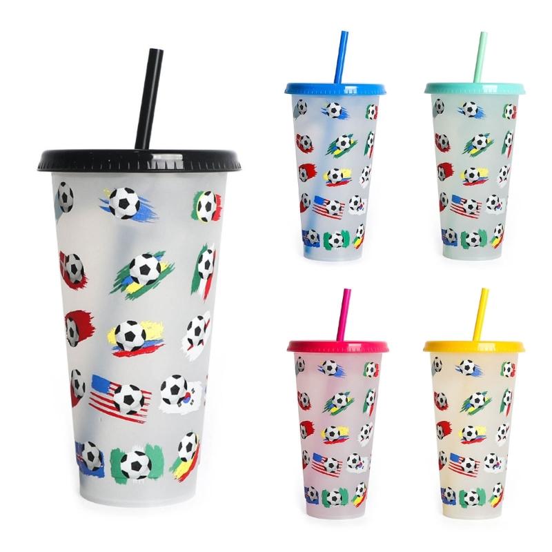 Color-Changing Water Bottle Portable Travel Mug Football Flag Water Drinking Cup with Straw & Lid Plastic-Tumblers