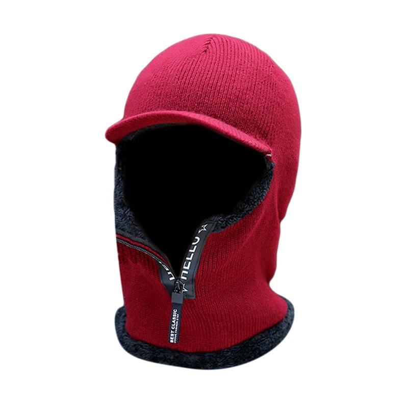 Solid Color Knitted Hooded Hat for Unisex Neck Guard Zipper Scarf Beanie Warm Autumn Winter Headwear Face Cover Thermal Cap