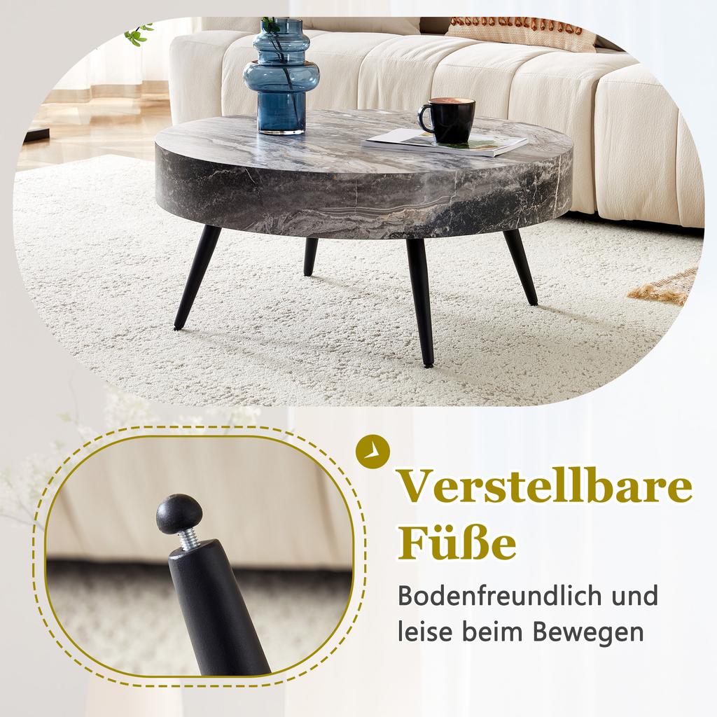Tavolino da Caffè Rotondo con Diametro 70 cm Effetto Marmo Grigio (MDF) & Gambe in Metallo Nero. Design Minimalista, Ideale per Soggiorno e Spazi Piccoli.