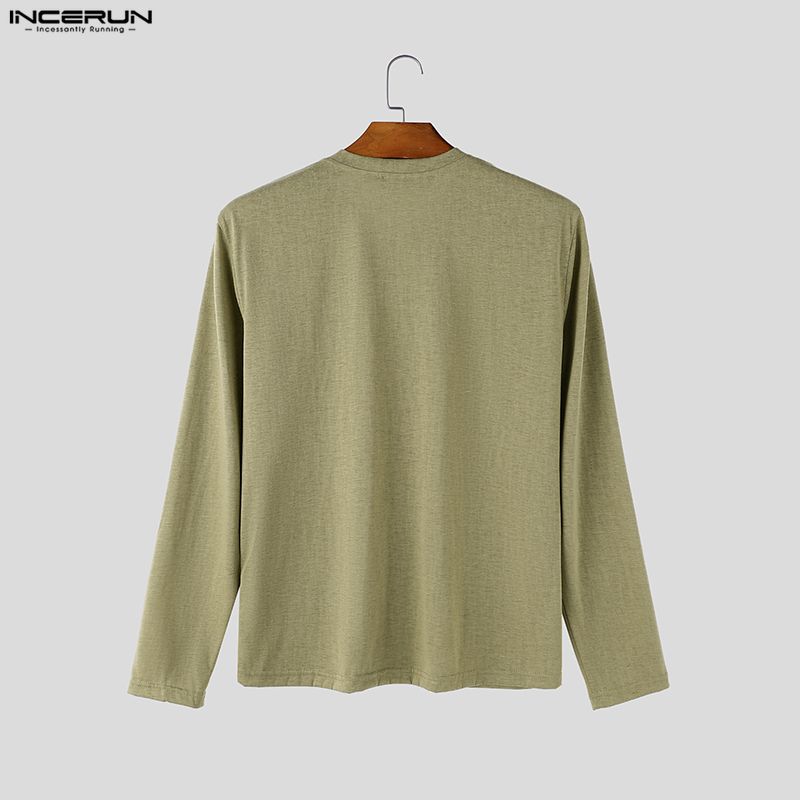 INCERUN Heren Long Sleeve Henley Shirts Casual Losse Pasvorm Basic T-shirts Lichte Topjes