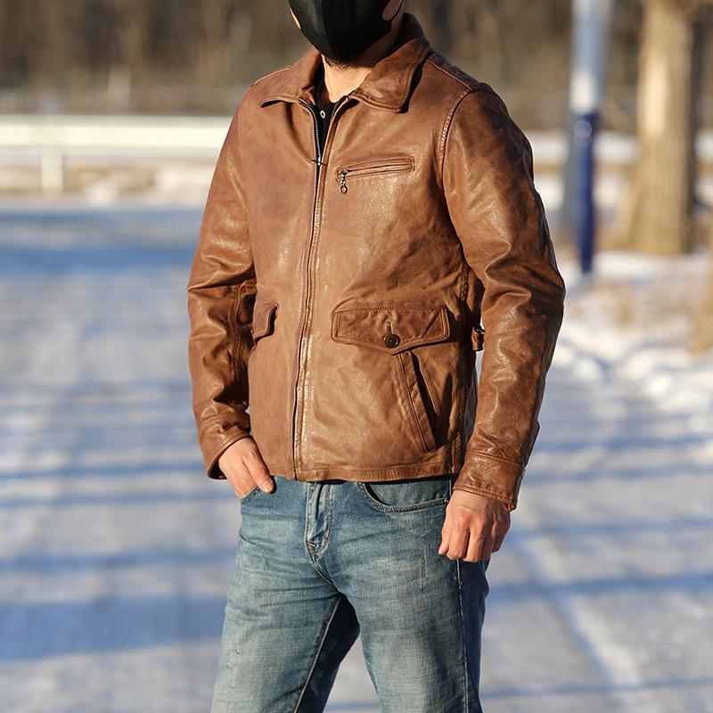 Jacky Cheung Men's Waxed Goatskin Leather Jacket with Lapel