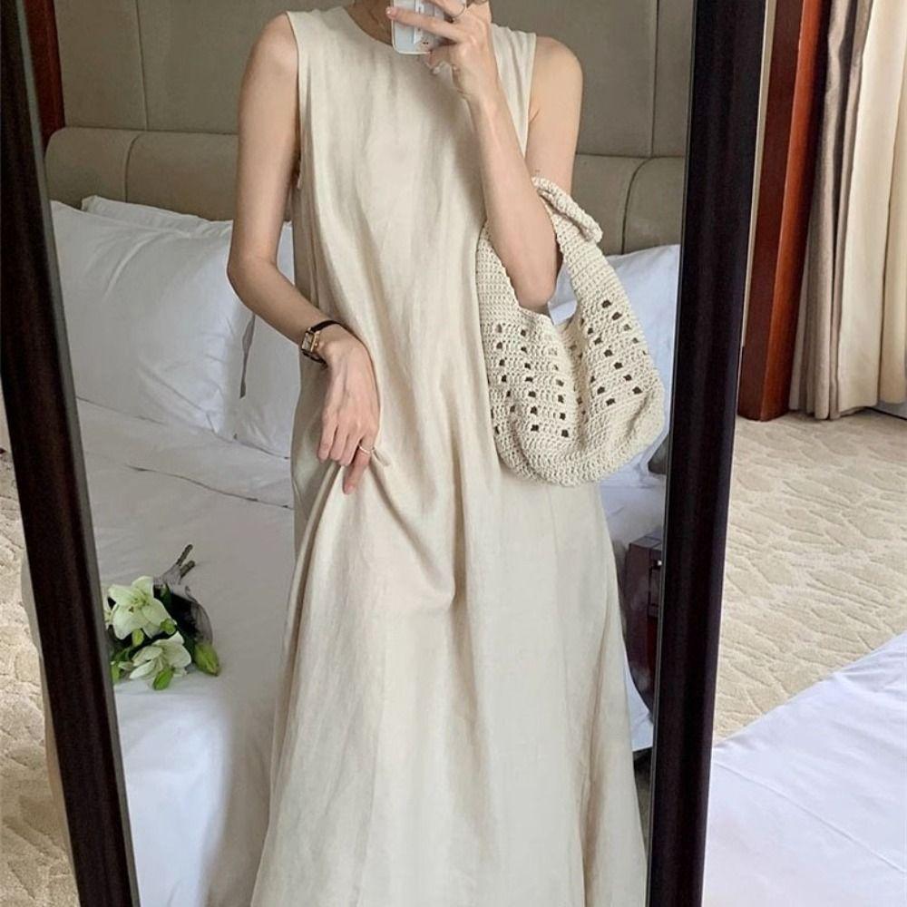 Solid Summer Sleeveless Dress Round Neck Open Back Long Dress Fashion Vocation Vest Dresses Teens