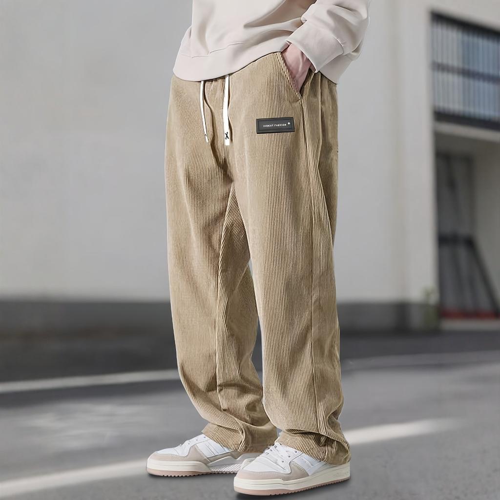 Men'S Corduroy Straight Leg Pants with Drawstring Waist, Pockets, and Logo Design - Stretchy, Casual Fit for Everyday Wear, Spri