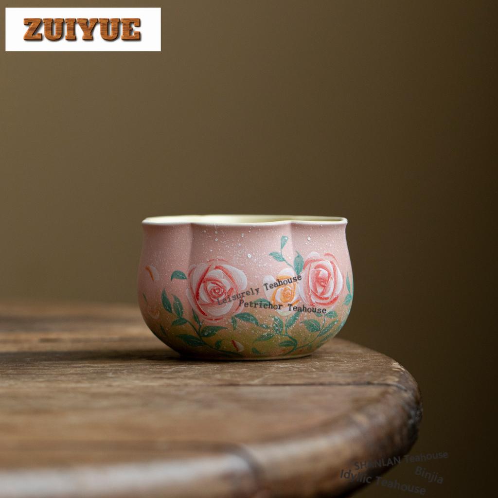 160ml Hand-painted Rose Teacup Aesthetic Tea Bowl Sample Tea Cup Tea-tasting Meditation Cup Chazhan Master Cups Drinkware Craft