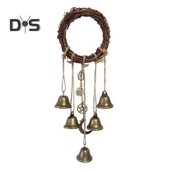 Türknauf Hexenglocke Hausschutz Handgemachte Hängende Messingglocke Rattankranz Hexerei Türhänger Wicca Windspiel Dekoration