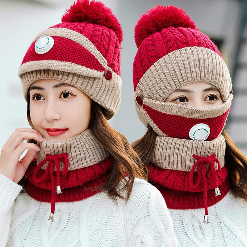 Fashionable Cycling Hat, Ear Protection Wool Hat, Mask Scarf, Knitted Warmth, with Breathing Valve, Three Piece Cap Set, Winter Cycling Equipment