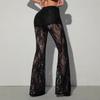 Women Sexy Sheer Lace High Waist Slim Fit Flared Long Pants