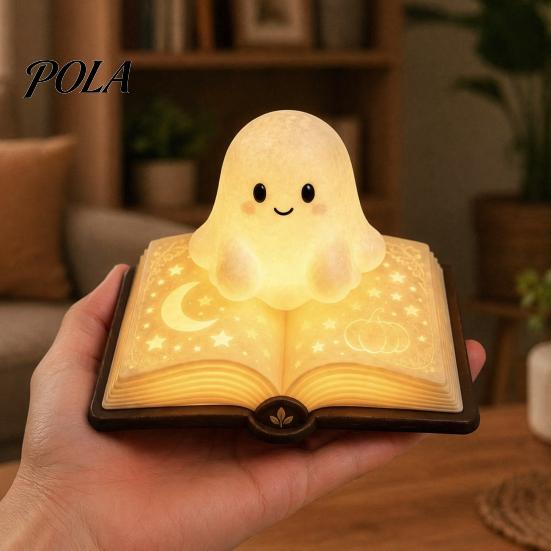 Safe Bedside Lamp for Kids Magic Book Ghost Night Light, Resin Tabletop Warm Glow with Moon Gift Lovers Star Relief, Cute Sleeping Light Bedroom,