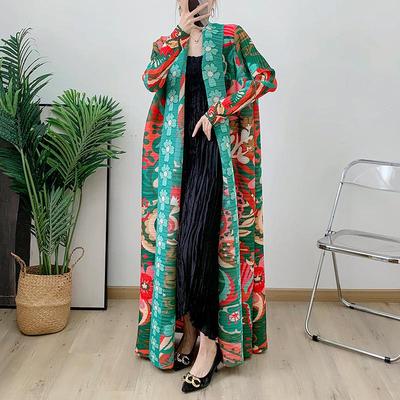 2024 Versatile Pleated Long Sleeve Cape Jacket for Women - Muslim Fashion Print, Middle Eastern Style