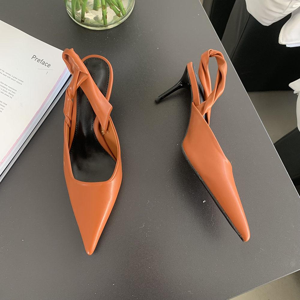 fashion Pointed Toe Women Sandals Black Orange 2024 New Arrivals Party Pumps Thin High Heels Elastic Back Strap Wedding Dress Sandals