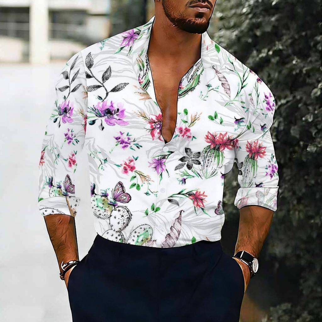 Camisa de Hombre con Cuello Estampado de Amapola Silvestre Helecho Blanco Rosa Morado Manga Larga Botones Arriba