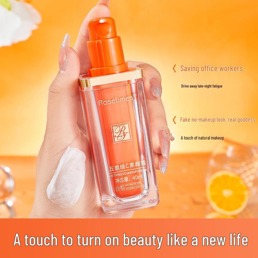 Fivefold Vitamin C Tone-Up Primer: Brightening, Moisturizing, Waterproof Concealer for a Natural Glow.