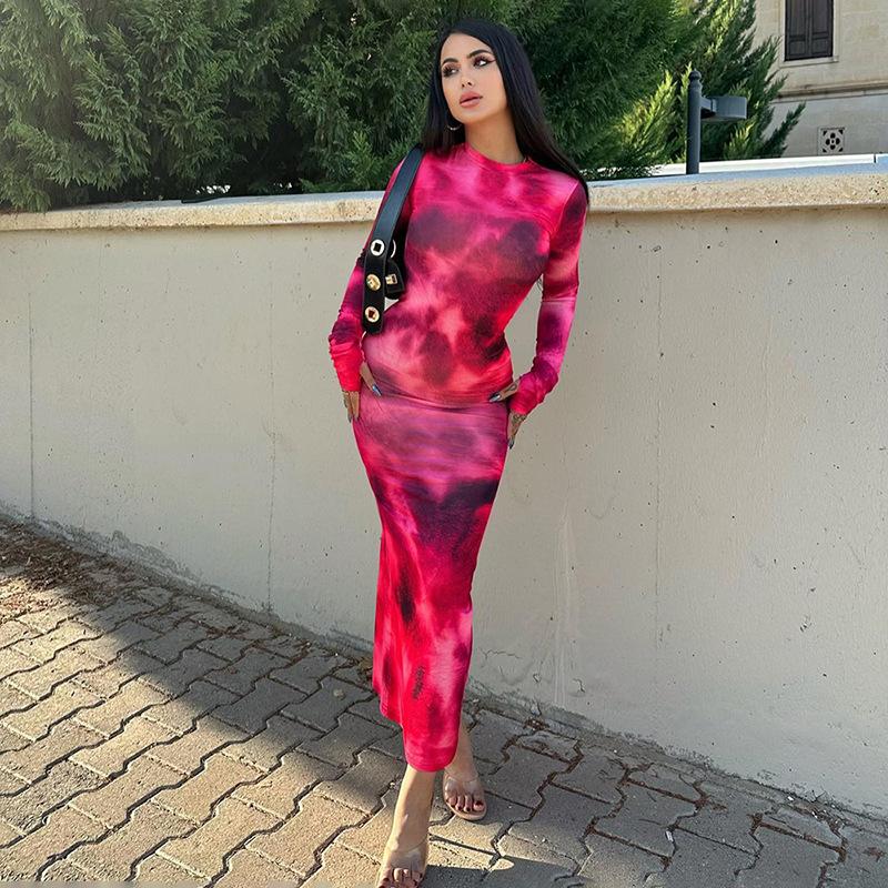 Vestidos de mujer de primavera y otoño con efecto tie-dye, manga larga, ajustados y con efecto tie-dye
