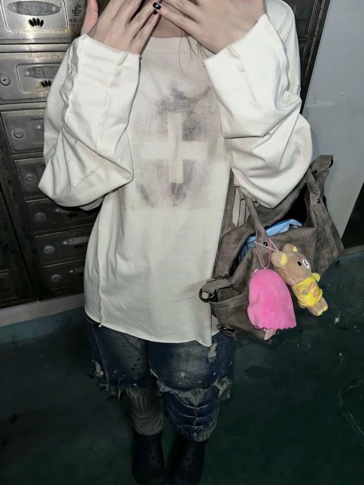 

Белая футболка Y2K Punk Cross Print T Shirt Women Free Fit Long Sleeve Subculture Spring Slim Fit Female Harajuku Casual Streetwear Tops M белый