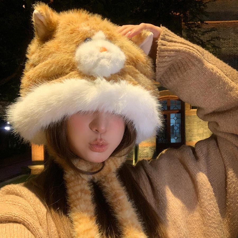 Winter Warm Soft Cute Garfield Milk Whirring Plush Hat Women Cold Show Face Small Ear Protection Tide