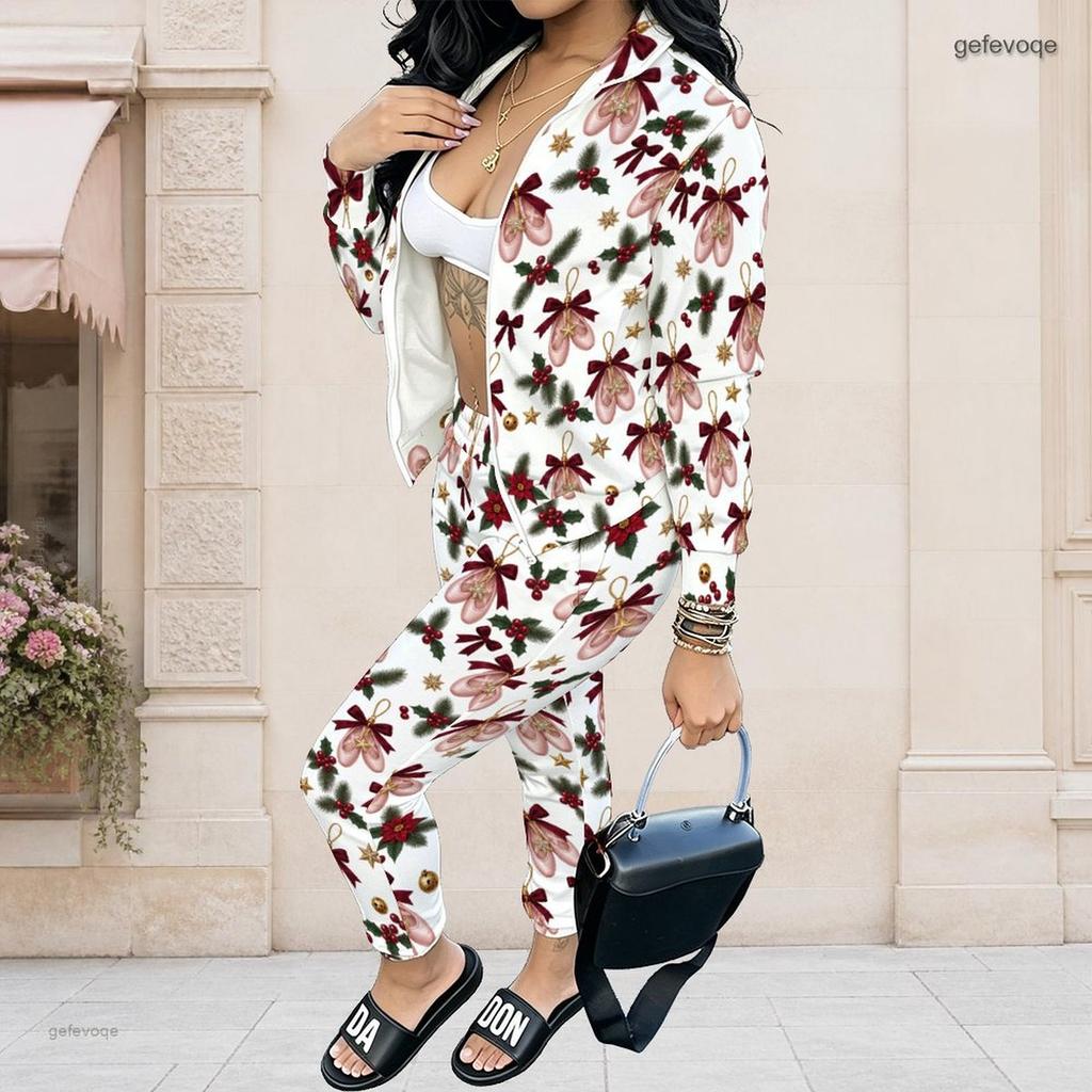 Women Plus Size Stand Collar Long Sleeve Zip Jacket And Pants White Teddy Bear Printed Two Piece Set