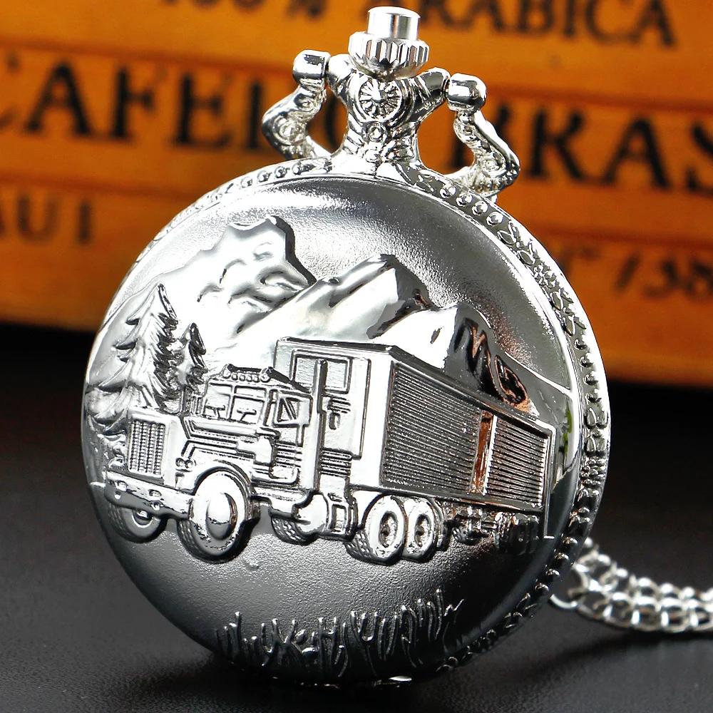 

10pcs/Lot Wholesale Vintage Silver Pocket Watch with Truck Pattern Necklace Clock Gift for Men Women Drivers Reloj De Bolsillo