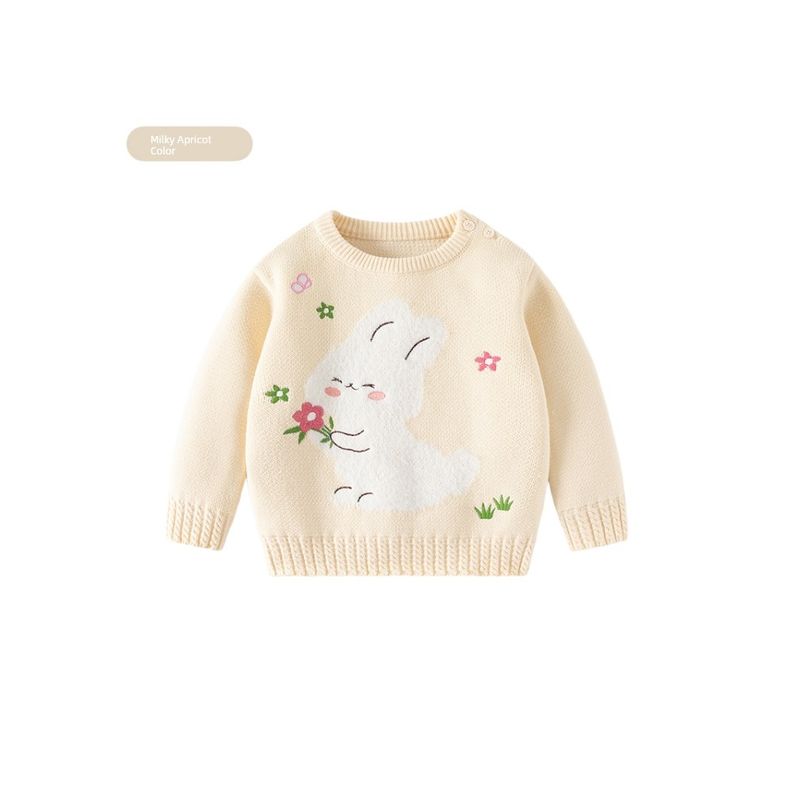 Baby Girl Bunny Clothes, Girls' Sweater, Autumn and Winter Pure Cotton Knitwear, Children's Long-Sleeved Pullover Knitwear