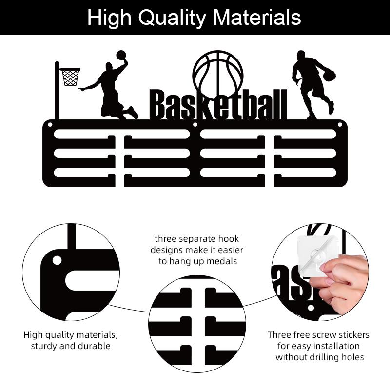 1pc wall mounted basketball medal display stand with multiple hooks, perfect for competitions and sports, used for installing an