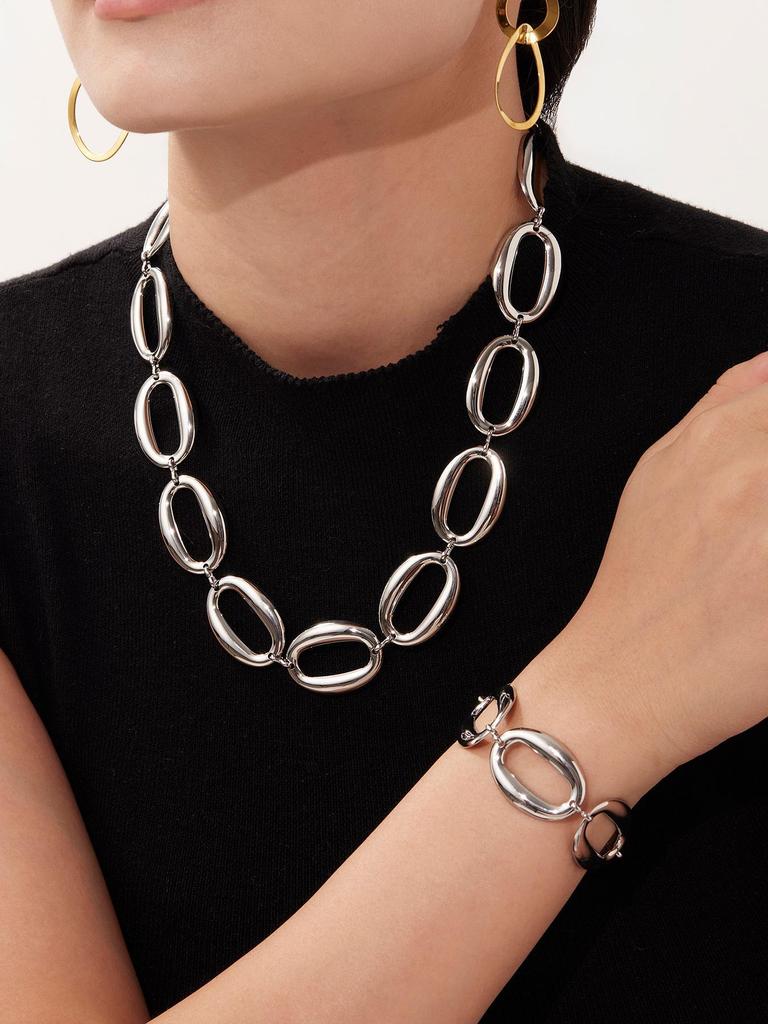 Elliptical Egg Shaped High Polished Bracelet Necklace Set Plated with 18k Real Gold, Non Fading Jewelry