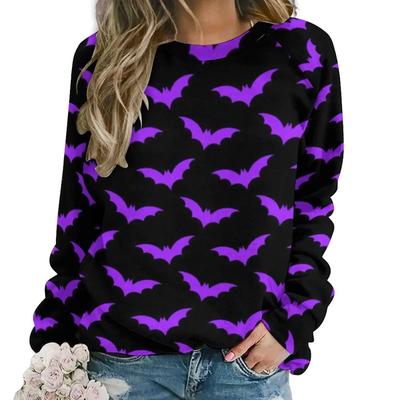 Μωβ Νυχτερίδα Εκτύπωση Casual Φούτερ Γυναικεία Halloween Μοτίβο Αισθητικό Φούτερ Μακρυμάνικο Street Fashion Oversize Φούτερ Δώρο