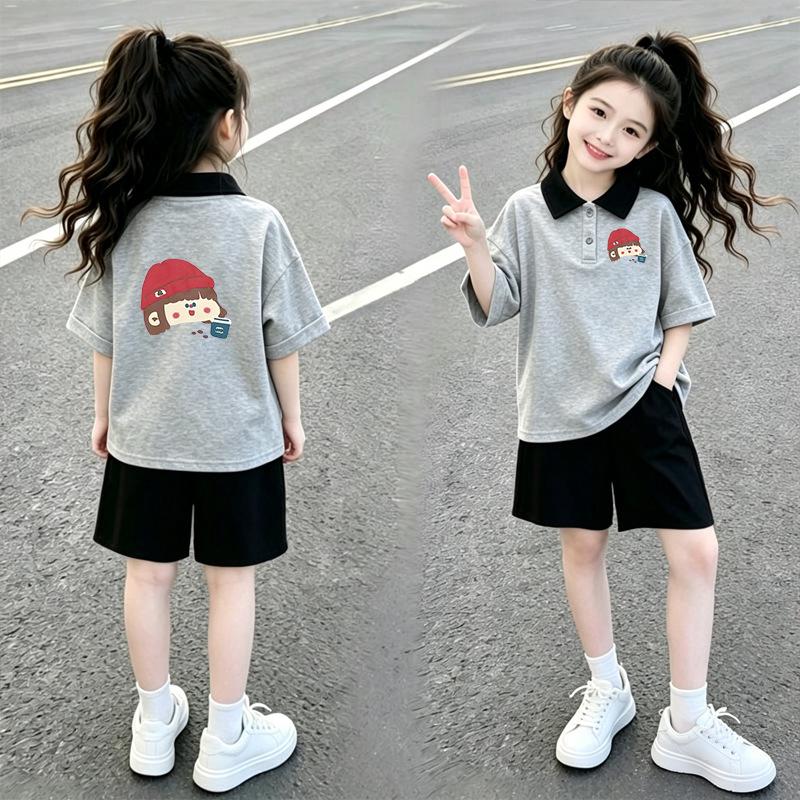 Girls' Cotton Patchwork Short-Sleeve Polo Two-Piece Set - Casual Summer Wear for Medium & Large Children