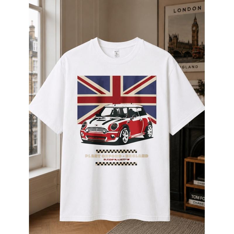 British Flag And Mini Car Design Men'S T-Shirt Plant Oxford England Graphic Print Unisex All Season Fun Gift for Car Enthusiasts Loose Fit Round Neck
