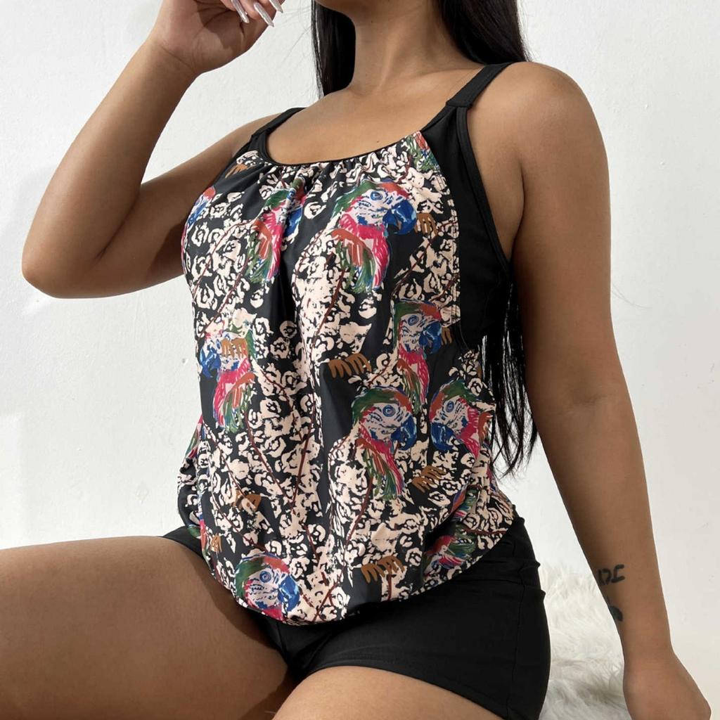 TS JYL-BK013 Retro Print Swimsuit With Chiffon Cover, Elegant Two-Piece Beach Swimwear Set