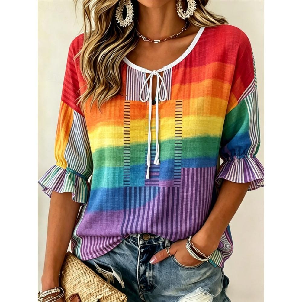 Women's Multicolor Patchwork Striped Print Tie Neck Blouse, Casual Loose Tops for Spring Summer Daily Wear & Vacation Occasions