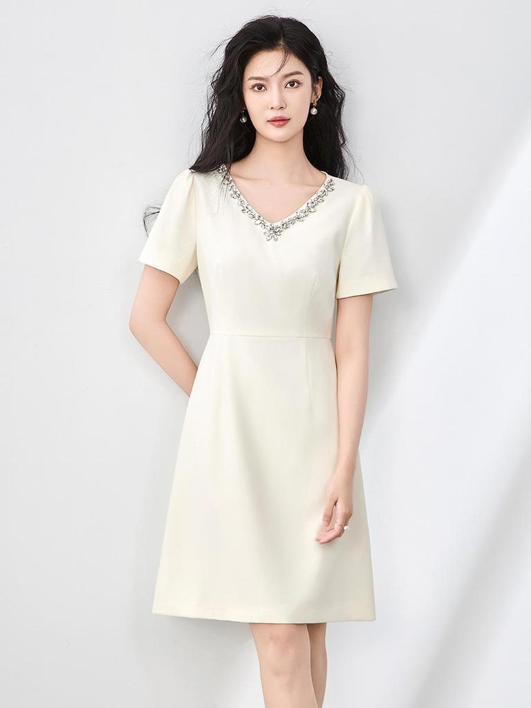 V-Neck Rhinestone Short Sleeve Dress - French Style, High-Quality Women's Summer Fashion